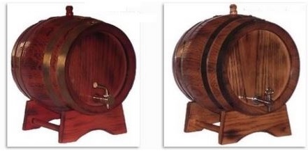 Small oak barrels with metal dispenser tap